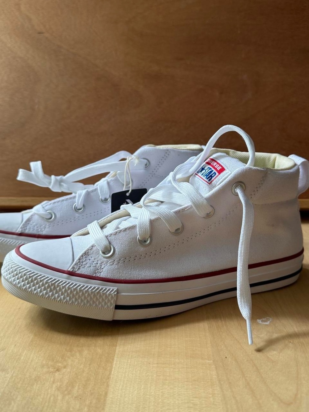 Converse White High-Top Sneakers with Red & Navy Stripes